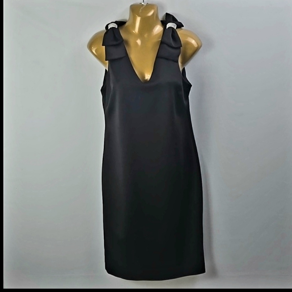 Shelby Nites Elegant Little Black Sleeveless Dress Rhinestones Bow Detail Sz 10